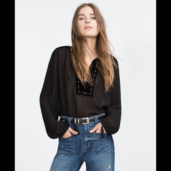 Zara black boho velvet studded sheer blouse - Picture 1 of 5